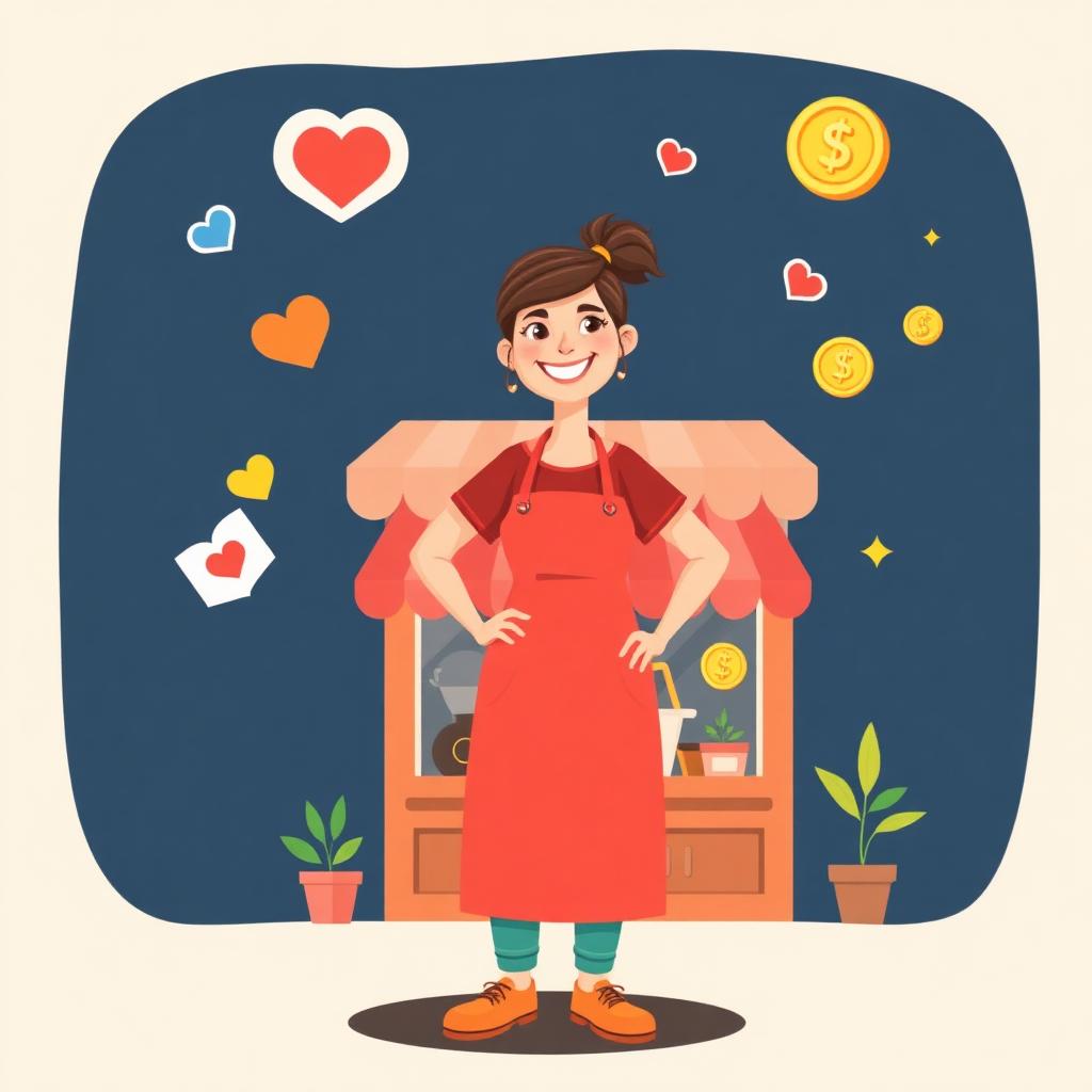 Illustration of a confident business owner in front of her shop, surrounded by social media hearts and coins