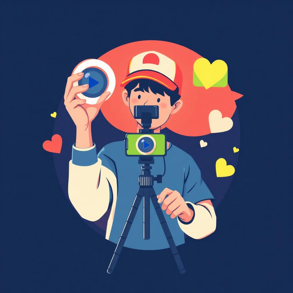 Illustration of a content creator filming a vertical video with a ring light and mini tripod, surrounded by hearts