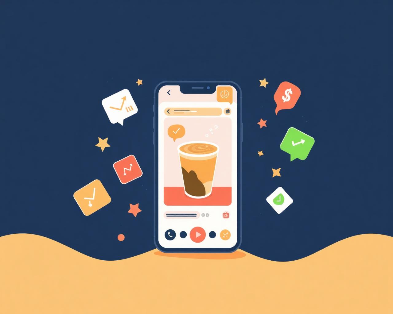 Illustration of a smartphone showing a paid social media story promoting a local coffee shop, surrounded by notification bubbles